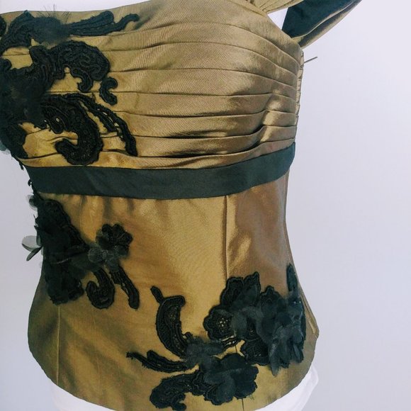 Y2K Olive & Black  Taffeta Satin Floral Applique Blouse Cap Sleeves Square Neck - Picture 5 of 9